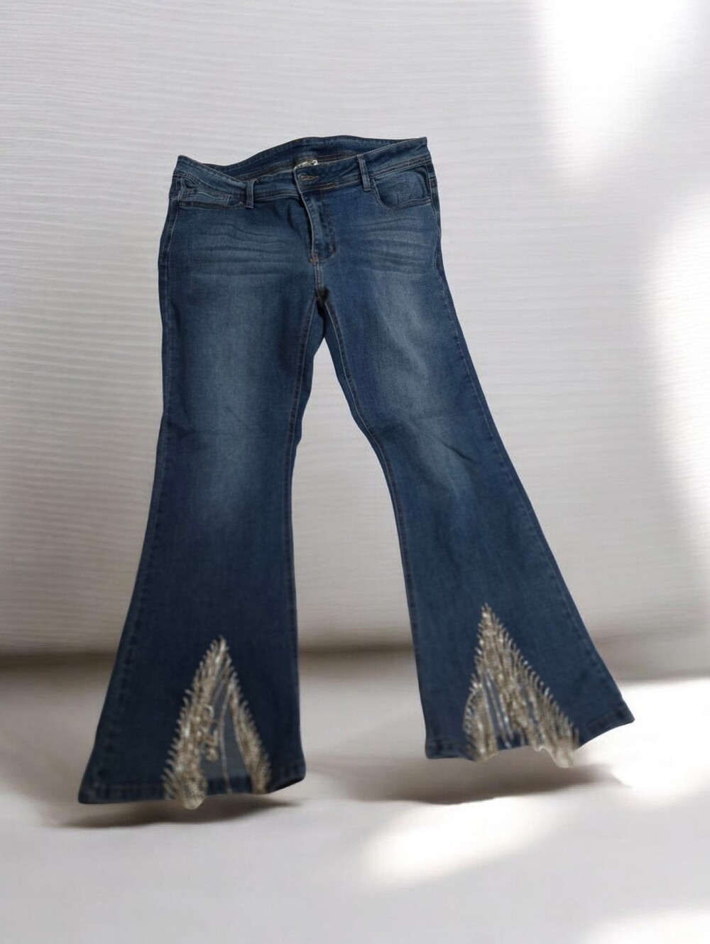 Classic Dark Wash Flared Jeans with Hem Embellishment - Blue By Vocal EUC